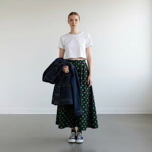 Vintage 1990s Apart Navy Kelly Green Polka Dot Print A-line Long Skirt Size 14